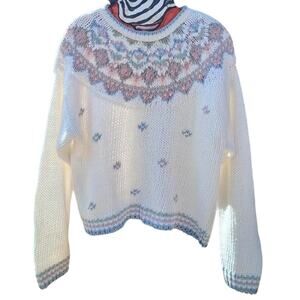 Vintage 80s 90s S/M/L Eclectic Grandpa Sweater Cottagecore Floral Strip‎ Cream